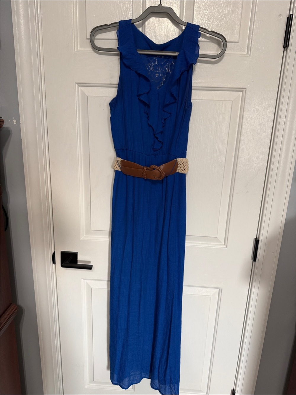 AB Studio Royal Blue Ruffle Maxi Dress with Braided Belt
